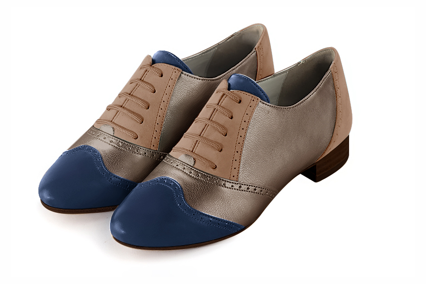 Navy blue, bronze gold and biscuit beige women's fashion lace-up shoes.. Front view - Florence KOOIJMAN